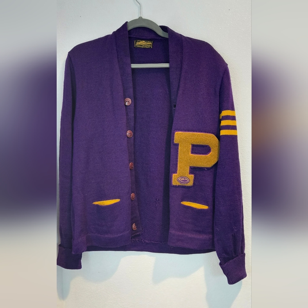 Purple Varsity Cardigan with Yellow Accents
